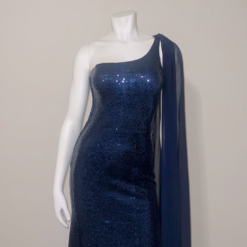 Gorgeous Long Blue Sequin Fitted One Shoulder Dress